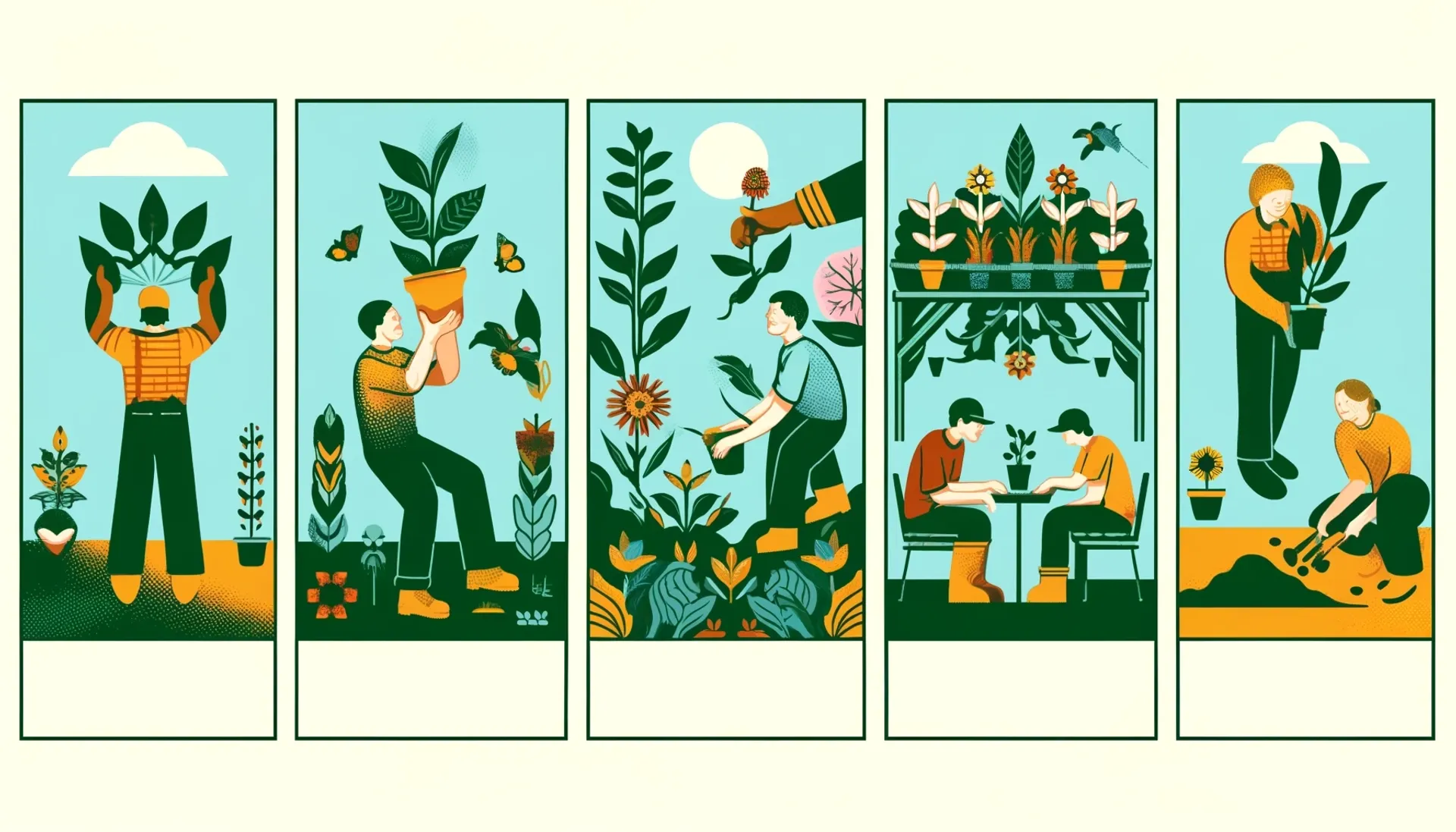 ilustración de una persona realizando tareas de jardinería en su jardín en varias escenas