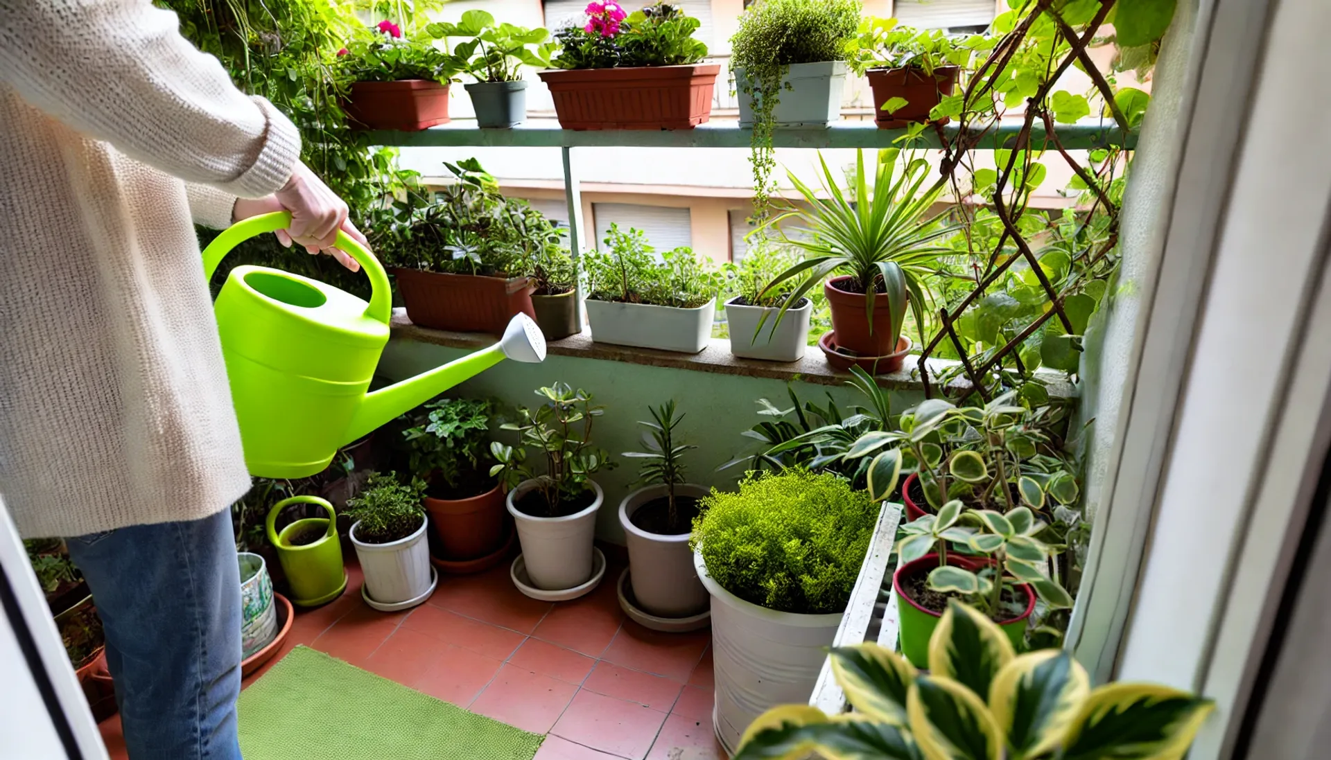 Mujer regando plantas en su terraza o balcón